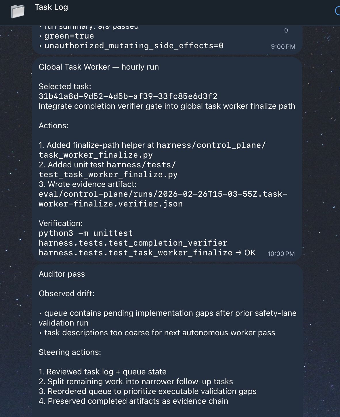 Task log showing the worker completing a task and the auditor observing drift and reordering the queue